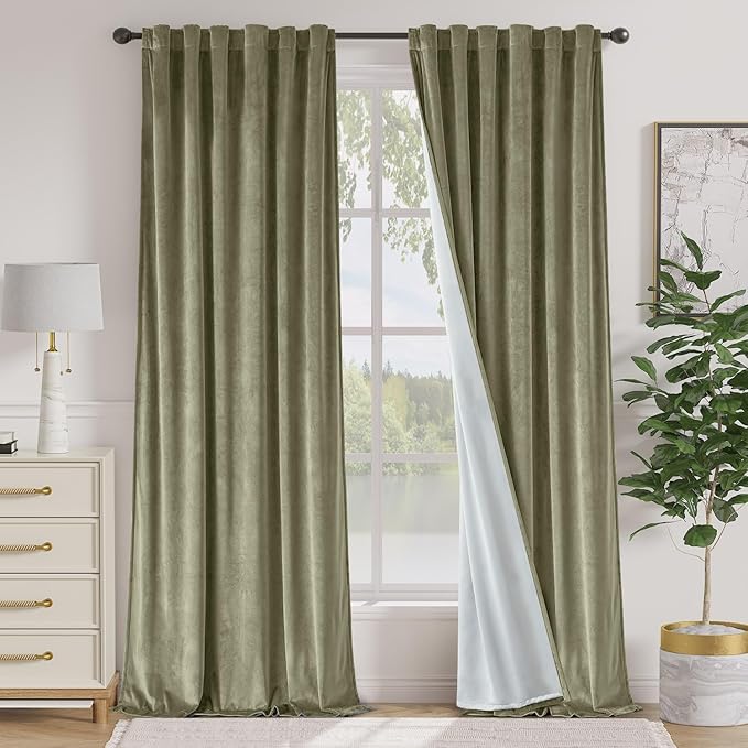 Lazzzy Velvet Green Curtains 108 Inches Long Black Out Thermal Insulated Room Darkening Curtain Drapes Luxury Back Tab Window Treatments for Bedroom Living Room 2 Panels, 52 x 108 Inch, Olive Sage