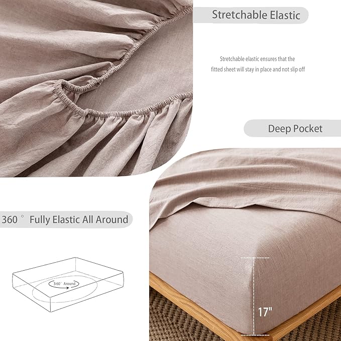 MooMee Fitted Bottom Sheet Only 100% Washed Cotton Linen Like Textured Breathable Durable Soft Comfy Deep Pocket Fits Mattress up to 17" (Mauve Brown, Twin)
