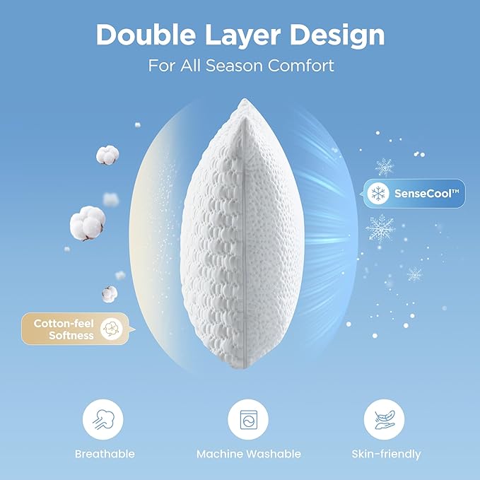 Sophia & William Cooling Bed Pillow for Sleeping (Queen Size Set of 2) Adjustable Shredded Memory Foam Pillow for Side, Back and Stomach Sleepeers