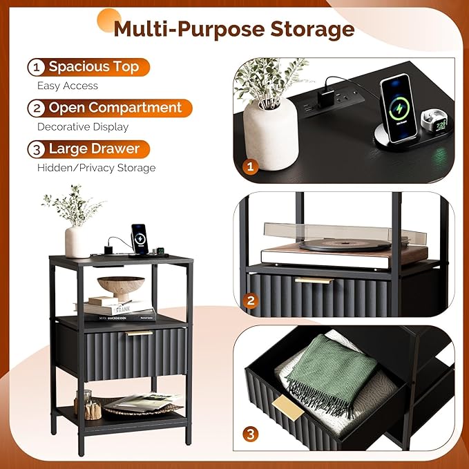 VINGLI Nightstands Set of 2 with Charging Station, Fluted Nightstand/Bed Side Table/End Table for Bedroom, Black Night Stand Small with Fabric Drawer, Bedside Table with Charging Station for kids room