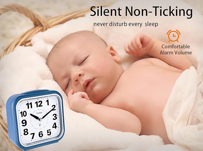 5.5" Large No Ticking Analog Alarm Clock,Silent Readable for Seniors,Easy to Set,Gradual Rise Alarm,Big Numbers,Gentle Wake,Snooze, Lighted on Demand,Battery Operated,Blue
