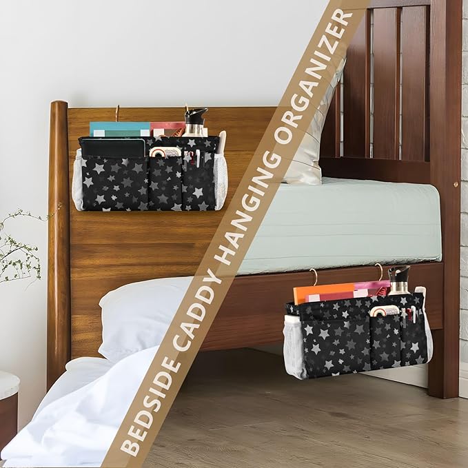Bedside Caddy Hanging Bunk Bed Caddy Bed Organizer Hanging Pocket with 2 Hooks Bedside Storage Organizer Pocket Bag Holder Silver Stars Black