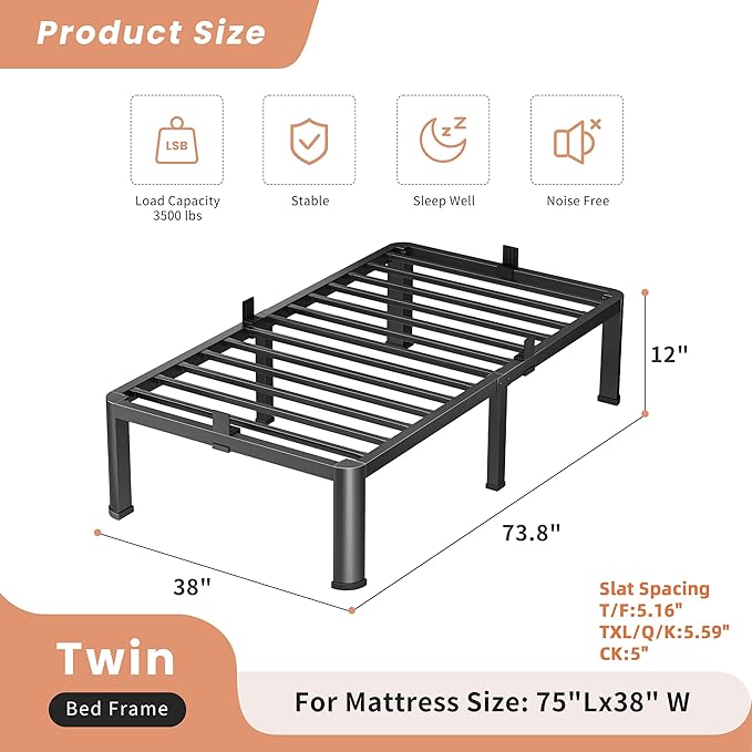 12 Inch Twin Heavy Duty 3500 lbs Bed Frame with Round-Corner Legs & Anti-Squeak Design – Quick Assembly Metal Platform, No Box Spring Needed