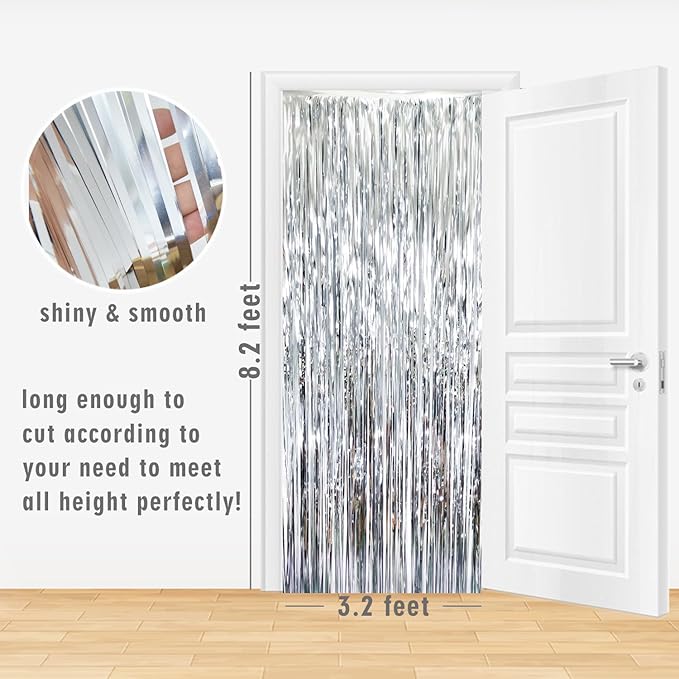 GOER 3.2 ft x 8.2 ft Metallic Tinsel Foil Fringe Curtains Party Photo Backdrop Party Streamers for Birthday,Graduation,New Year Eve Decorations Wedding Decor (Silver,1 Pack)