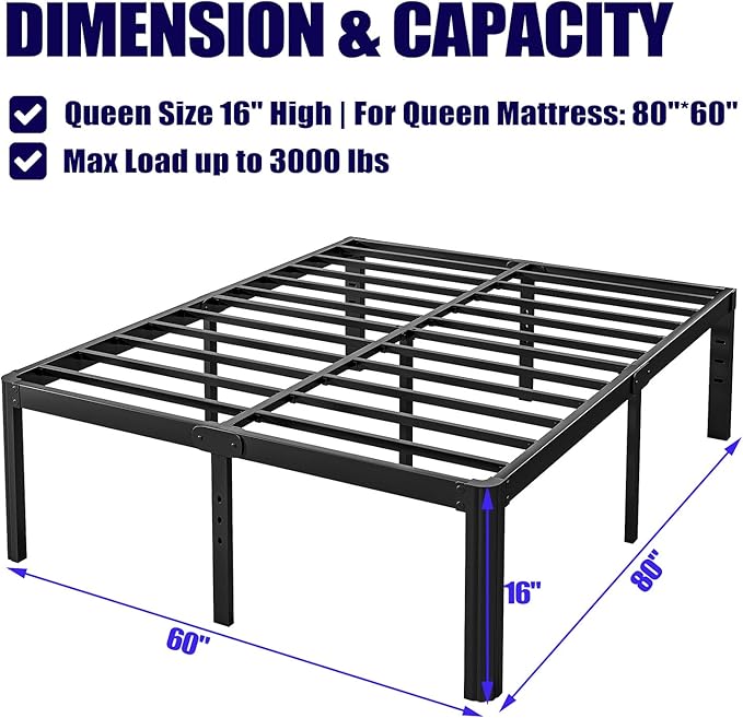 Hunlostten 16" High Queen Bed Frame No Box Spring Needed, Heavy Duty Metal Platform Bed Frame Queen Size with Round Corners, Easy Assembly, Noise Free, Black