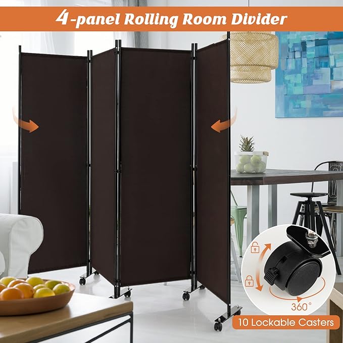 GOFLAME 4 Panel Folding Room Divider, 6FT Rolling Privacy Screen with Lockable Wheels, Portable Room Partition Screen, Freestanding Wall Divider and Separator for Home Office, Brown