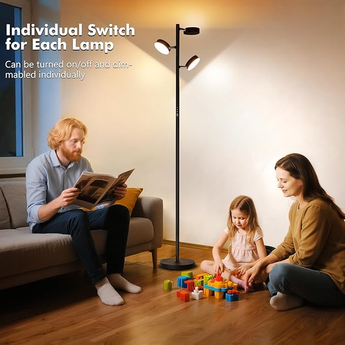 Tree Floor Lamp for Living Room - Modern Black Standing Lamp, LED Floor Light with Remote & Touch, 3000K-6000K Dimmable for Bedroom Office Reading (3 Head)