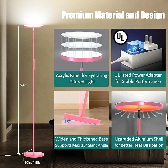 Pink Floor Lamp, 40W Super Bright Floor Lamps for Living Room Bedroom with Remote & Timer, Torchiere LED Floor Lamp 2700K-6500K Stepless Dimmable, Tall Standing Light Works with Smart Plug