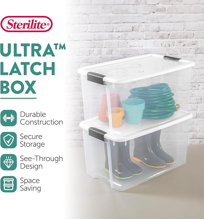 Sterilite 12-Pack Ultra Latching Box, Storage Bins with Lids, Clear Plastic, 70 Quart - Heavy-Duty Organizing Containers for Closet, Bathroom, and Office