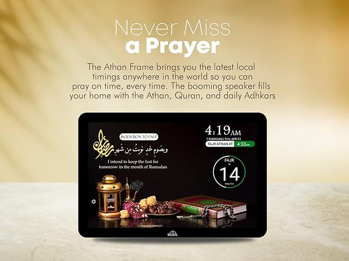 Masjidal 10" Digital Azan Clock with WiFi, Dynamic Touch Screen, Worldwide Prayer Times, Full Quran Player, Islamic Art, Streaming Halal Muslim Content: Duas, Dhikr, Hadith, Surah of The Day, Black