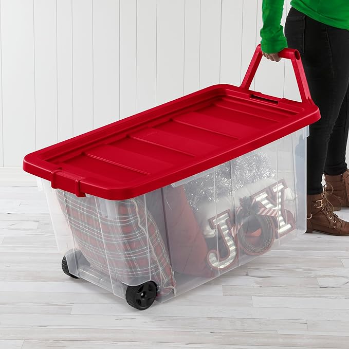 Sterilite 2 Pack Wheeled Storage Box, Large Clear Plastic Container, Durable Home Organizer with Red Lid and Rotating Handle, 160 Quart