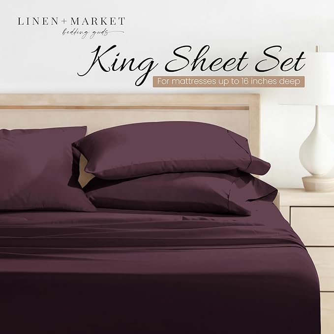 Linen Market Brushed Microfiber King Sheet Set 4 Piece – Oeko-TEX Certified Ultra Soft & Wrinkle-Free - 16" Deep Pocket Sheets - Easy Care King Size - Purple