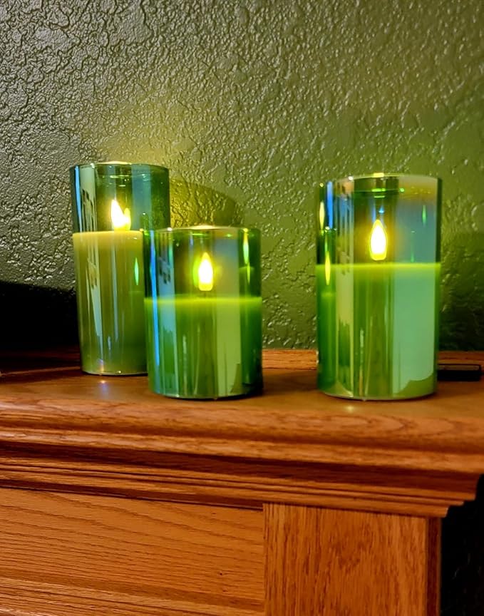 Eywamage Green Glass Flameless Pillar Candles with Remote, Flickering Christmas Battery LED Candles Holiday Decor Set of 3
