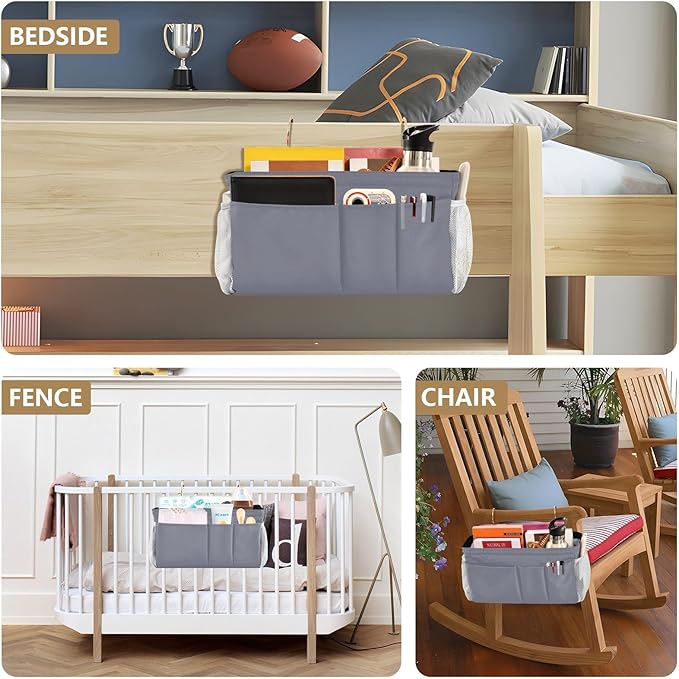 KOPIRIT Grey Bedside Caddy Storage Bag Bedside Organizer for Dorm Room Top Bunk Bed Organizer Caddy Hanging Shelf 6 Pockets with Hooks for Book Glasses Phone Holder