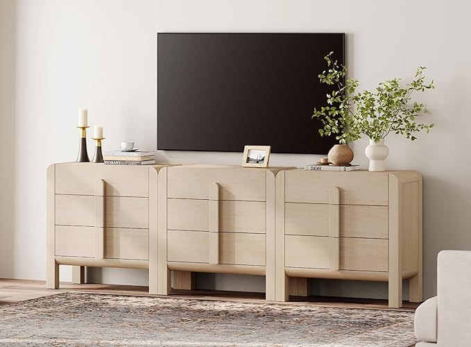 WAMPAT 3 in 1 9 Drawer Dresser for Bedroom, 94.5" Wide Mid Century Modern Wide Chest of Drawer, Wood Tall Nightstand with Curved Edge Handles, Closet Dresser TV Stand for Bedroom, Beige