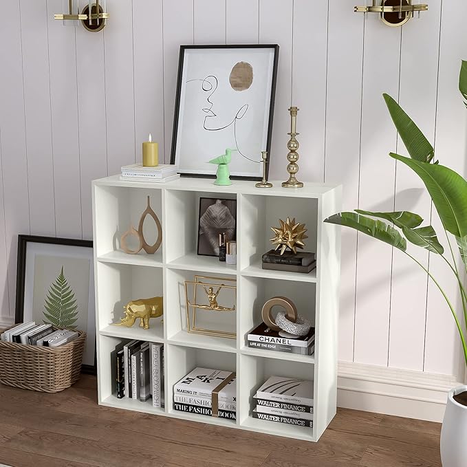 OSCHF 9-Cube Storage Shelf Bookcase - Wooden 3-Tier Floor Standing Open Bookshelf for Home and Office, Display Cabinet, Warm White