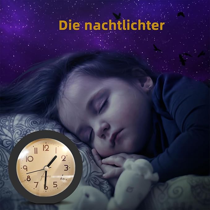 Alarm Clock with Backlight, 4 Inches Cute Analog Round Digital Quartz Clock, Non Ticking, Battery Operated,Simply Design for Living Room, Bedroom,Bedside, Desk Decorative (Black)