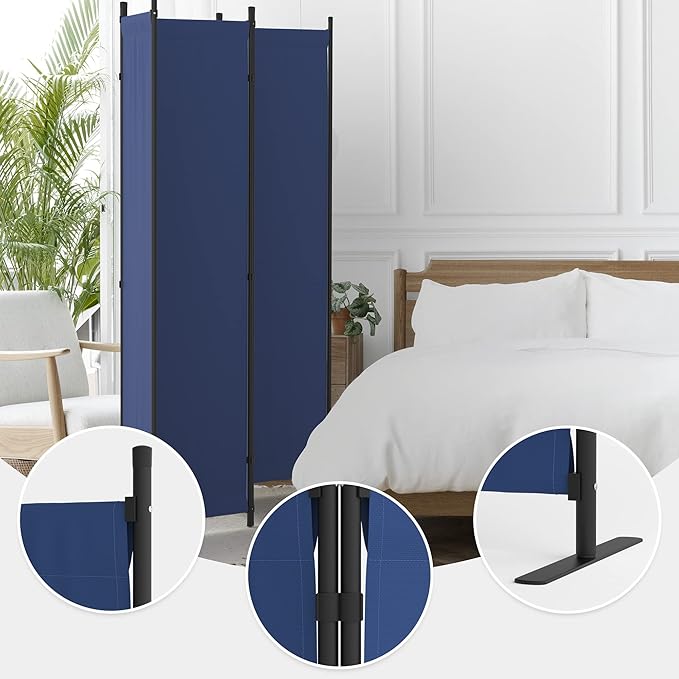 Room Divider, 4 Panel Folding Privacy Screen, 88” Portable Separating with 3 Metal Feet, Partition Room Dividers, Lightweight Freestanding Wall Divider Screen for Office Bedroom Hospital(Blue)
