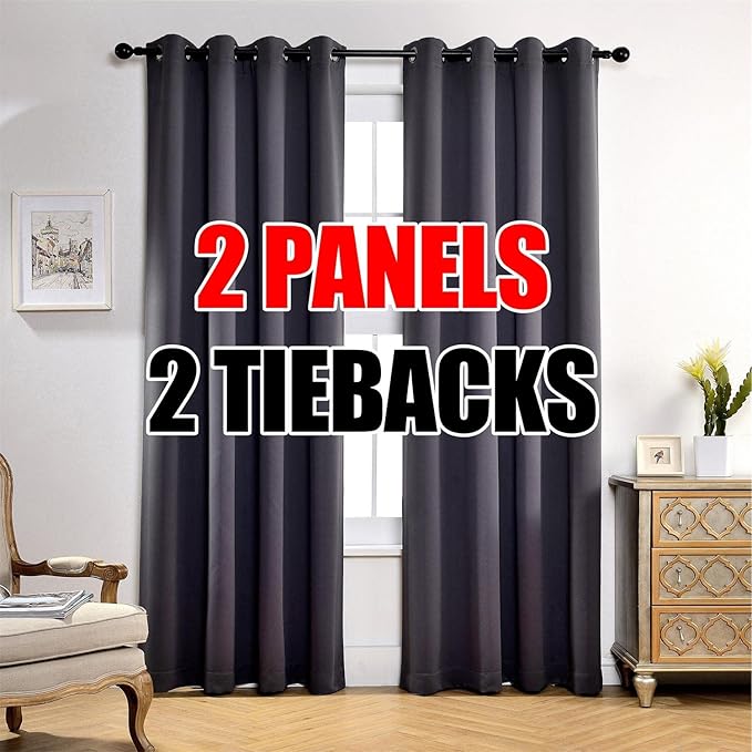 MIUCO 1 Pair Thermal Insulated Grommet 52-Inch-by-95-Inch Blackout Window Curtain Panels with 2 Tie Backs, Dark Grey