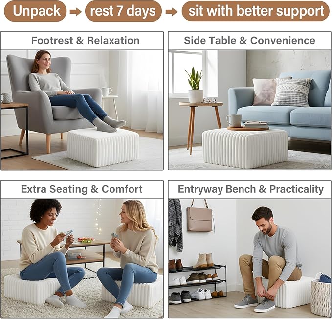 Tiita Suqre Stuffed Pouf Ottoman, Stripe Poufs 21×21×10 inch with Foam Chunk Filling, Floor Bean Bag Floor Chair Storage for Living Room Bedroom Home Decor, Beige