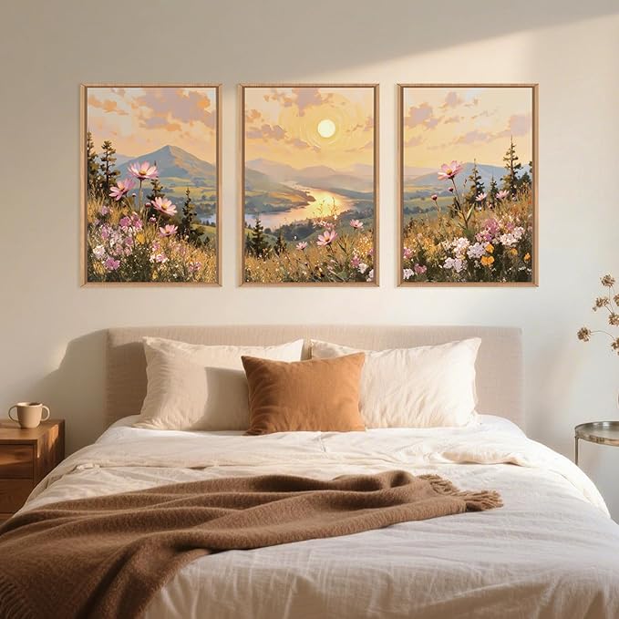 LHIUEM Large Boho Sunset Wildflower Framed Canvas Wall Art,Nature Pink Flower Wall Decor,Blossom Botanical Mountain Landscape Artwork for Living Room,Bedroom,Dining Room,Office -24"x36"x3