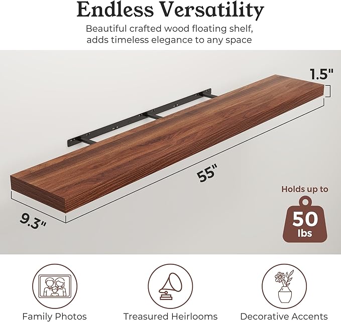 Floating Shelves for Wall, 9.3" Deep Wall Mounted Wood Shelves for Bathroom, Bedroom, Living Room, Kitchen, Hanging Shelf for Books/Storage/Room Decor (Walnut, 55")