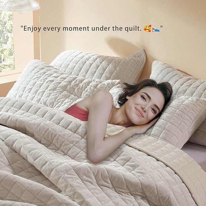 LEAONME Velvet Quilt King Size-98''x106'', Lightweight White Velvet Comforter Set with 2 Pillow Shams, Soft Bedspread Coverlet Quilted Bedding Set for All Season