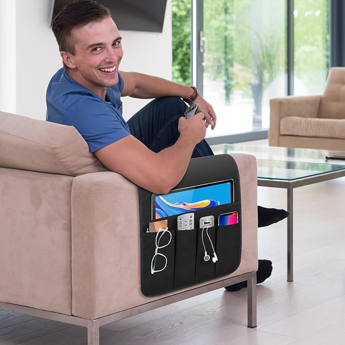 WETRBWEH Non-slip Couch Organizer Armchair Caddy, Oxford TV Remote Control Holder Bedside Caddy with 5 Pockets for Key Glasses Phone Magazine Holders.