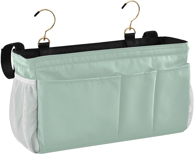 KOPIRIT Cyan Gray Bedside Caddy Storage Bag Bedside Organizer for College Dorm Top Bunk Bed Bedside Shelf Hanging Organizer 6 Pockets with Hooks for Magazine Water Bottle Holder