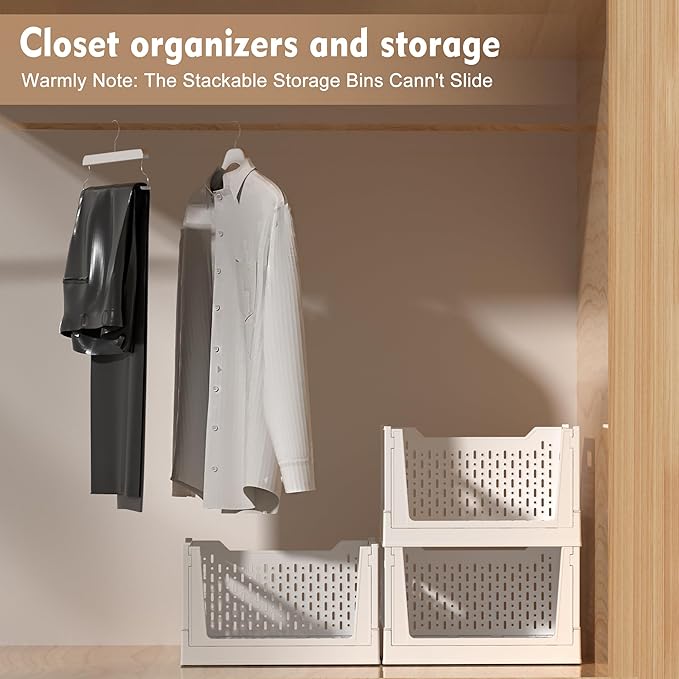 Stackable Plastic Storage Basket, 3 Pack Foldable Closet Organizers and Storage Bins with Wheels, Collapsible Drawer Shelf Storage Box Container for Office Bedroom Closet Wardrobe Kitchen Bathroom