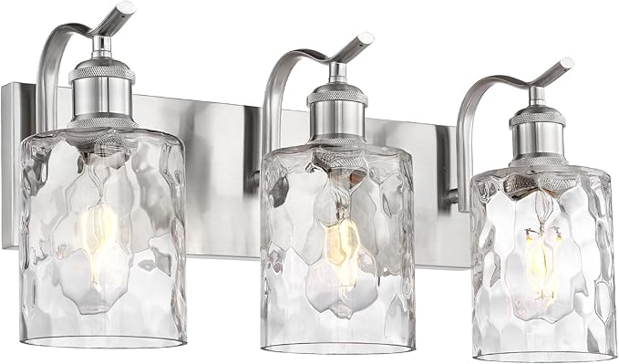 Bathroom Vanity Light Fixtures Over Mirror 3-Light Hammered Glass Wall Mounted Modern Brushed Nickel - VL01BNH-3