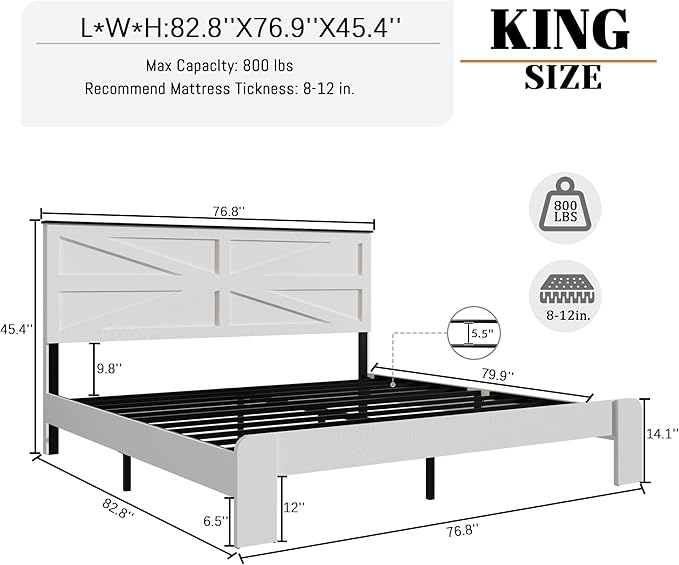 King Size Farmhouse Wooden Bed Frame with Headboard, Boho Platform Bedframe Sturdy Metal Slats Support, Spring Needed, Noisy Free, Easy Assembly (King, White)