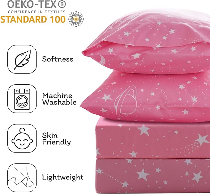 JSD Gradient Pink Moon Stars Kids Sheet Set Twin Size, 3 Piece Space Theme Microfiber Sheets Deep Pocket