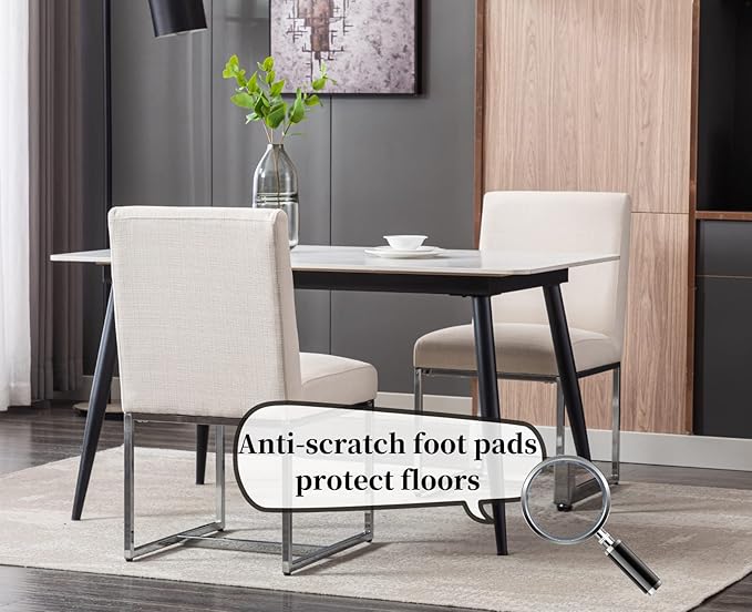CIMOTA Modern Dining Chairs Set of 2, Upholstered Dining Room Chairs Armless Guest Side Chair with Chrome Base for Dining Room/Kitchen, Beige, 2PCS
