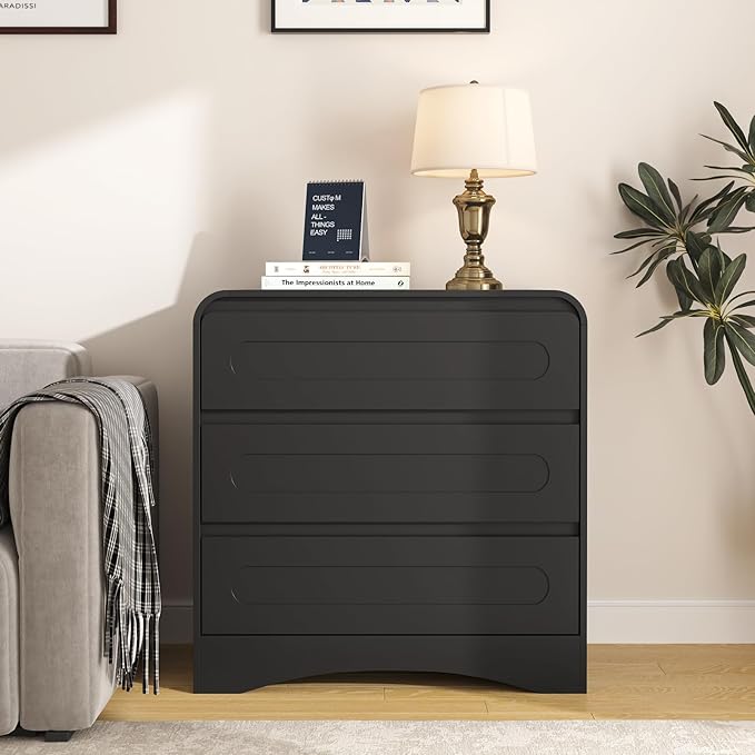 3 Drawer Dressers for Bedroom, 32" Wide Wood Storage Dresser & Chest of Drawers Organizer, Large Modern Dressers with 3 Drawer Storage Organizer for Bedroom Living Room Hallway Closet, Black