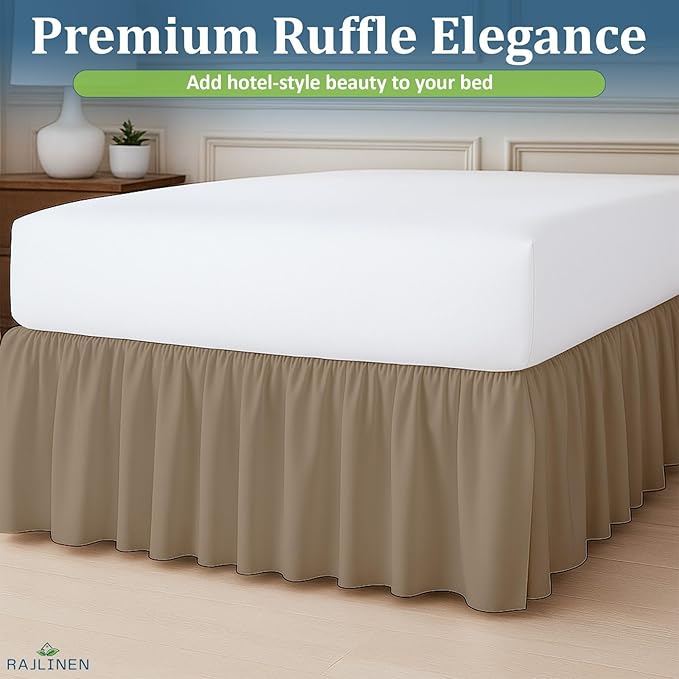 Rajlinen Ruffled Bed Skirt California King, 10 Inch Drop Dust Ruffle with Split Corners, 100% Microfiber Bedskirt with Platform, Three-Sided Coverage Ruffled Gathering Design, Taupe