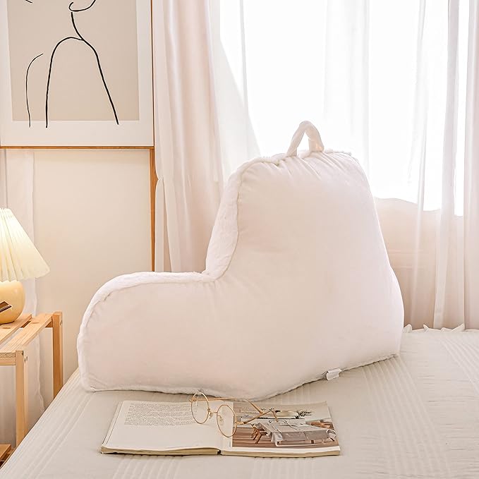 Holawakaka Large Faux Fur Bed Rest Pillow with Arms, Rabbit Fur Reading Pillows Perfect for Adults Men Women, Arm, Back, Pregnancy Lumbar & Head Neck Coccyx Lower Back Support Cushion (Ivory)
