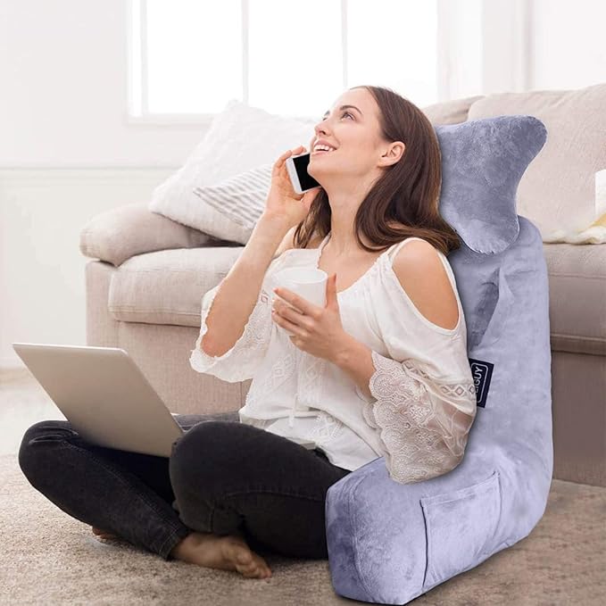 SLIGUY Reading Pillow-Bed Rest Pillow with Detachable Neck Roll & Support Arm for Sitting in Bed Couch or Floor-Backrest Reading Pillow Adult Back Pillow for Reading/Watching TV/Gaming/Relaxing,Grey