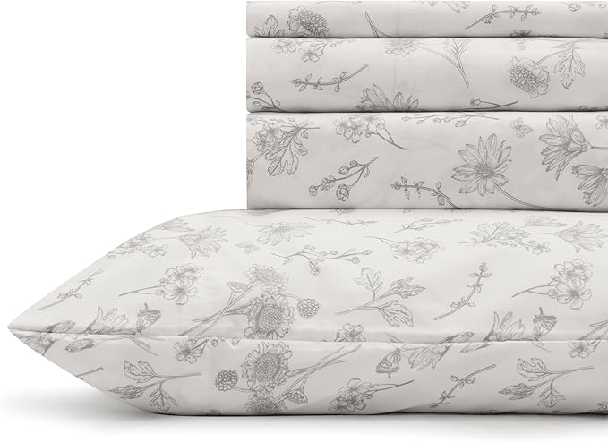 Linen Home 100% Cotton Printed Percale Sheets California King Size, Deep Pocket, 4 Pieces Set - 1 Flat, 1 Deep Pocket Fitted Sheet and 2 Pillowcases, Crisp Cool Bed Linen, Grey Botanical Floral