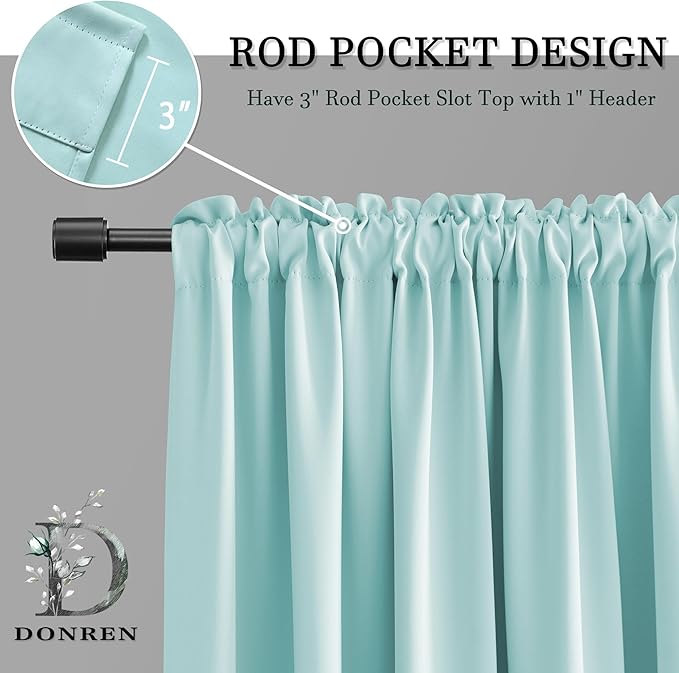 DONREN Aqua Blackout Curtains for Bedroom - Room Darkening Thermal Insulated Rod Pocket Curtains for Kids Room(52 x 72 Inch Length,1 Pair)