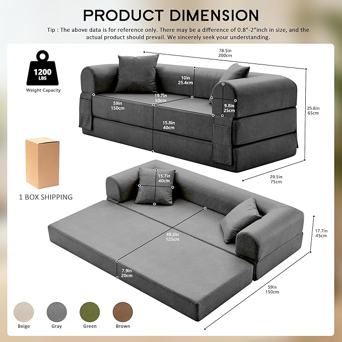 78.5" Convertible Sleeper Sofa Bed, Faux Leather Folding Floor Sofa with Pullout Bed&2 Pillows, No Assembly Modern Boneless Couch Compression Sofa in Box with Storage Pocket for Living Room, Gray