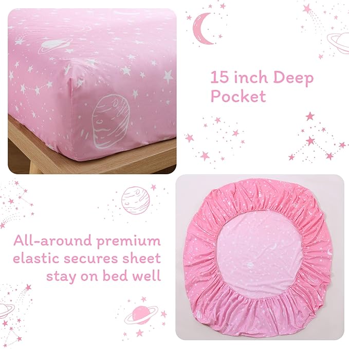 JSD Gradient Pink Moon Stars Kids Sheet Set Full Size, 4 Piece Space Theme Microfiber Sheets Deep Pocket