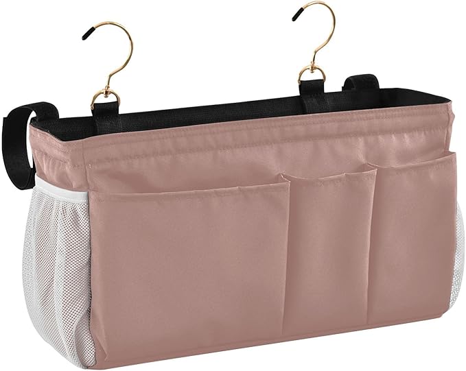 KOPIRIT Light Brown Bedside Caddy Storage Bag Bedside Organizer for Dorm Room Top Bunk Bed Hanging Storage Organizer 6 Pockets with Hooks for Magazine Water Bottle Holder