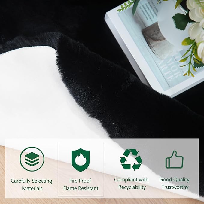 Latepis Black Area Rugs 8x10 Living Room Faux Rabbit Fur Rug Soft Washable Fluffy Shaggy Rug for Bedroom, Dorm, Playing Room, Nursery Room