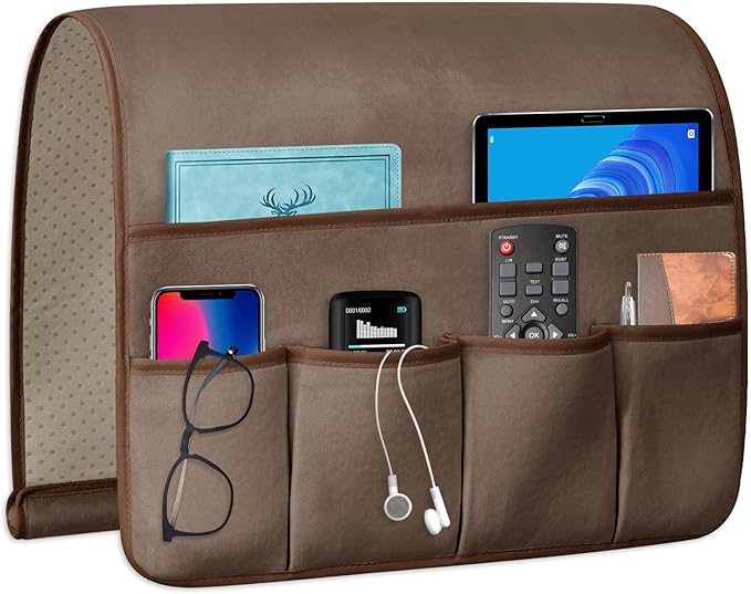 TV Remote Control Holder Couch Caddy, Non-slip Bedside Caddy Organizer with 5 Pockets for Key Glasses Phone Magazine Holders (Brown, 35''x18'')