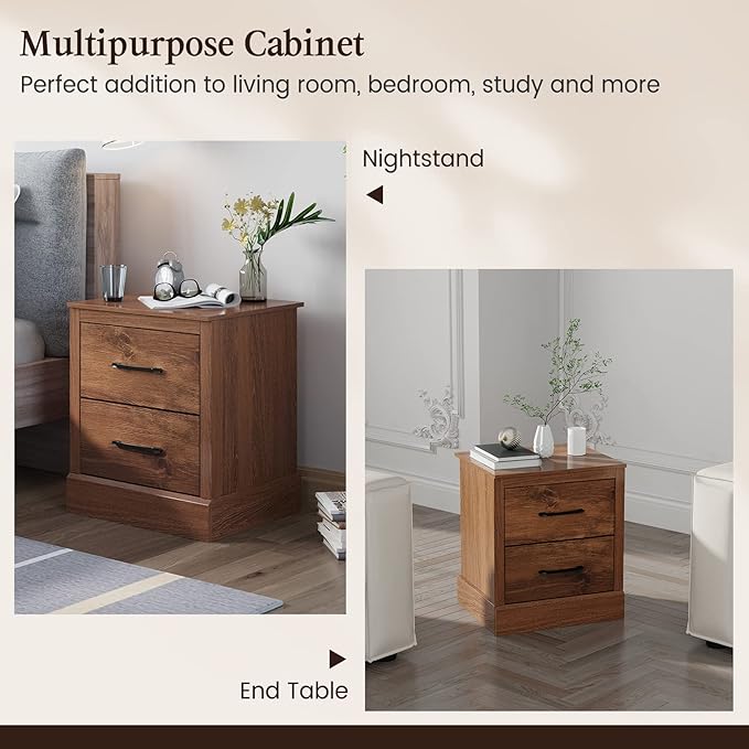 Giantex Farmhouse Nightstand Set of 2, Wood Bedside Table with 2 Storage Drawers, Compact Floor Night Stand, Walnut Accent Sofa Side Table for Bedroom