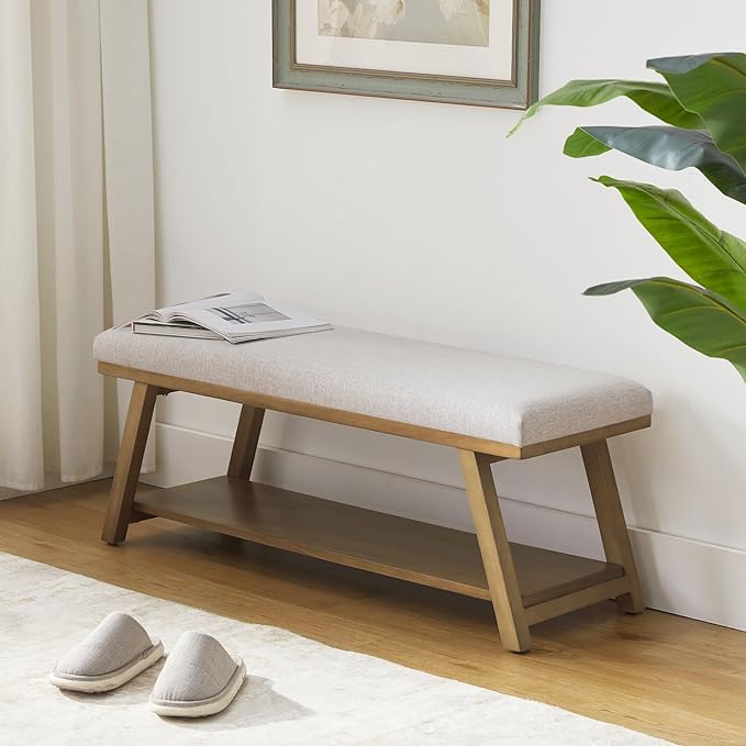 45" Entryway Bench Upholstered Storage Bench for Bedroom Shoe Rack Bench for Living Room, Hallway, Mudroom, Balcony, Sturdy Indoor Bench Seat Holds Up to 300 lbs (Light Grey)