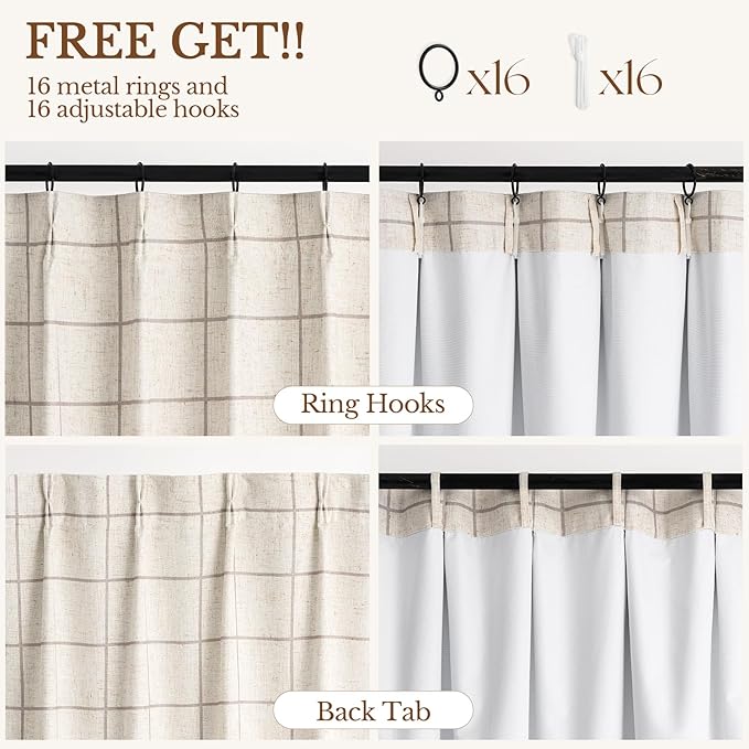 Linen Plaid Blackout Curtains Gingham Double Layer for Living Room,Bedroom,Dining Room 108 Inches Long 2 Panels Set Luxury and Modern Printed Design Darkening Pinch Pleated
