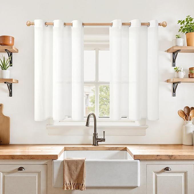 YoungsTex White Linen Curtains 40 Inches Length for Short Window, Light Filtering Drapes Semi Sheer with Grommet Lightweight for Bathroom Kitchen Window Over Sink, 2 Panels, 42 X 40 Inch