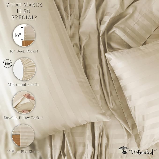 URBANHUT 800 Thread Count 100% Cotton Damask Queen Size Sheets, 4 Piece Striped Queen Size Bedsheets, Luxury Hotel Sheets Sateen Weave - Better Than Egyptian, 16" Elasticized Deep Pocket- Ivory
